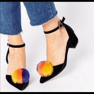 New Black Velvet pointed toe ankle strap velvet fur pom pom 1.75” block heel